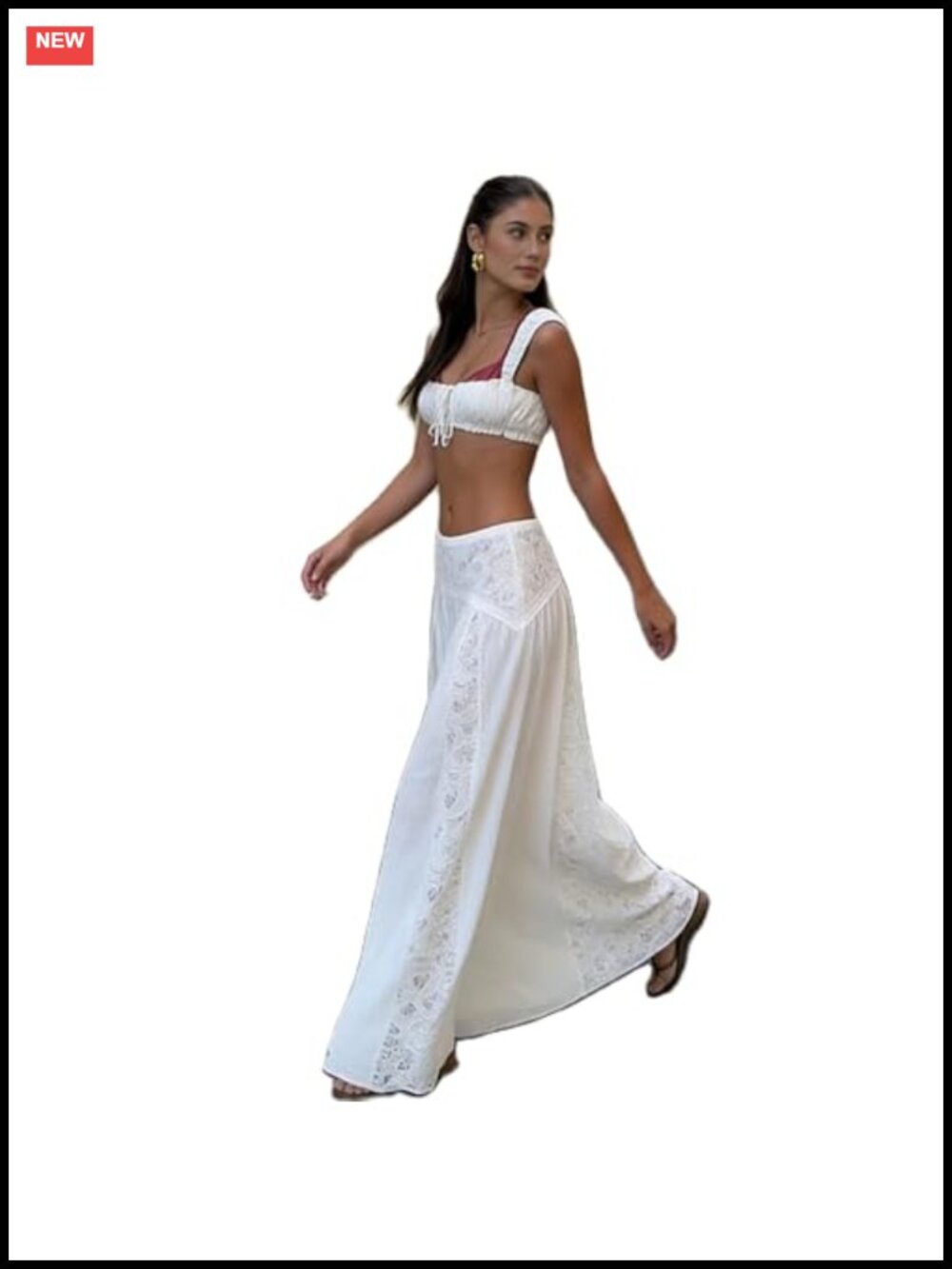 Women's 2 Piece Skirt Set Tie-Up Cami Top Lace Patchwork Low Rise Maxi